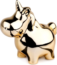 Hucha de cerámica dorada con forma de unicornio con superficie brillante tipo espejo 18 × 10,5 cm
