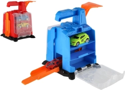 Garaje de plástico con mecanismo de lanzamiento y 2 cochecitos