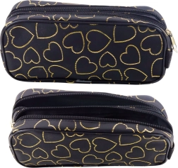 Estuche negro con corazones dorados, de dos compartimentos