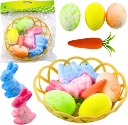 Decoración de Pascua en cestita: conejitos, huevos y zanahoria, 6 uds.