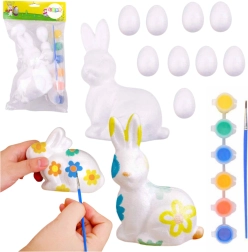 Set de Pascua: huevos de poliestireno y figura de conejito con pinturas