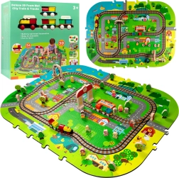 Alfombra urbana 3D de espuma con tren a pilas, vías y accesorios 56 piezas HUMBI