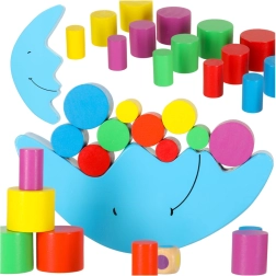 Juego Montessori de equilibrio: luna de madera con dado y bloques de colores
