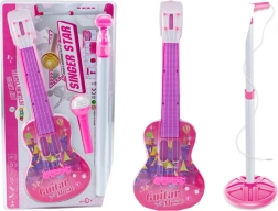 Guitarra eléctrica infantil rosa con soporte y micrófono a pilas