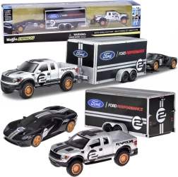 Set de coches metálicos Maisto 1:64 – FORD Raptor con remolque y FORD GT Heritage