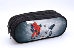 Estuche con motivo de hockey sobre hielo, 2 cremalleras, gris