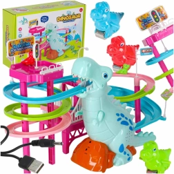 Pista de carreras de dinosaurios con tobogán, escaleras móviles, LED y sonido