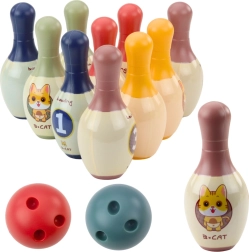 Set de bolos infantil con gatitos – 10 bolos y 2 bolas de colores
