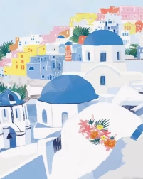 Pintura de diamantes Tejados azules en Santorini 30 × 40 cm