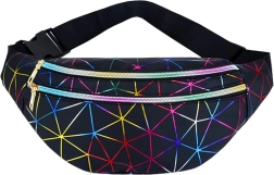 Riñonera unisex con patrón geométrico holográfico, 3 bolsillos, correa ajustable
