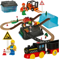 Vía de tren de construcción de madera de 55 piezas con locomotora y accesorios