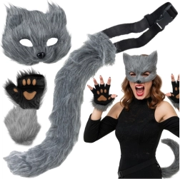 Set de gato / zorro / lobo RUHHY 4 en 1 – máscara, cola y patas, gris