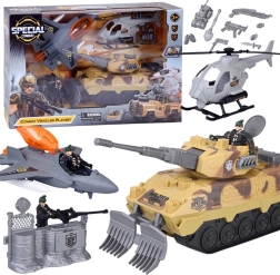 Gran set militar: tanque, caza y helicóptero con figura de soldado