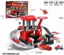Set de estacionamiento con coches de bomberos metálicos y helicóptero
