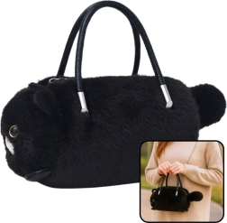 Bolso de peluche con forma de gato con asas y cadena – negro