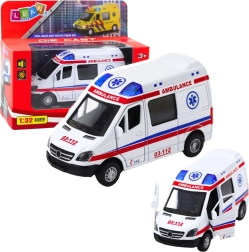 Ambulancia metálica 1:32 con tracción pull-back, luces y sonidos – blanca