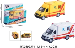 Modelo metálico de ambulancia con mecanismo de retroceso (pull back) y puertas abatibles
