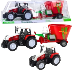 Tractor agrícola rojo con remolque y mezclador de pienso 60 cm