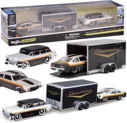 Coches metálicos Maisto Chevrolet Nomad 1955 y Chevrolet Vega 1971 con remolque
