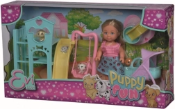 Muñeca Evi con parque de juegos para cachorros y cochecito