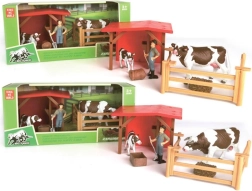 Set de corral de granja con vacas y granjero