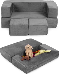 Sofá infantil modular plegable con 4 cojines blandos – gris ecotoys