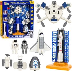 Set espacial Exploration: cohete, transbordador, estación, satélites y astronautas con luces