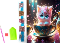 Pintura con diamantes en lienzo – gatito en una taza de té 23 × 30 cm