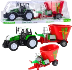 Tractor verde con remolque y mezcladora de pienso 60 cm