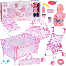 Set deluxe para muñeca bebé: cochecito, cuna y manta de juegos con accesorios (17 piezas)