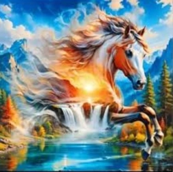 Pintura de diamantes Espíritu del caballo sobre la cascada 30 × 40 cm