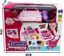 Caja registradora con carrito de supermercado y compras