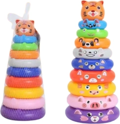 Pirámide apilable de colores con anillos y pegatinas de animalitos tigre