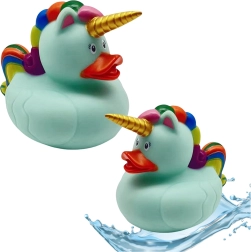 Patito de baño unicornio verde con melena arcoíris
