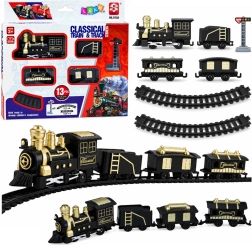 Tren clásico a pilas con locomotora, vagones y vías – 13 piezas
