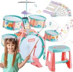 Set de batería infantil Woopie con 5 tambores, platillo y taburete con diseño de animales