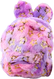 Mochila infantil de peluche con orejitas y estrellitas doradas en morado y rosa