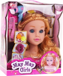 Cabeza de peinado con cabello rubio y accesorios