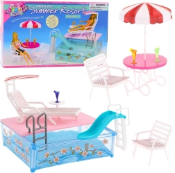 Resort de verano para muñecas con piscina, tobogán y terraza