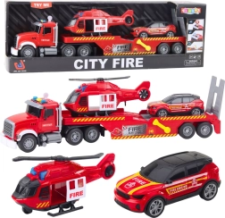 Set de bomberos con remolque de grúa, helicóptero y coche con luces y sonidos
