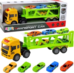 Conjunto de grúa de transporte verde con cochecitos con luces y sonidos