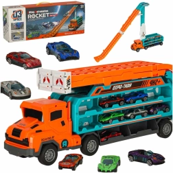 Camión portacoches: transportador de autos con pista de carreras de doble carril, naranja