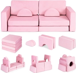 Sofá infantil modular plegable para 2 personas con 10 cojines blandos ECOTOYS – Rosa