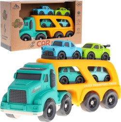 Tráiler interactivo con plataforma y 4 cochecitos de bioplástico para niños a partir de 18 meses – amarilla