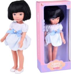 Lovely Girl muñeca con pelo corto negro y vestido blanco y azul 33 cm