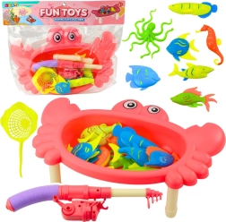 Set de pesca de sobremesa cangrejo – rosa, 10 pececitos, caña y red