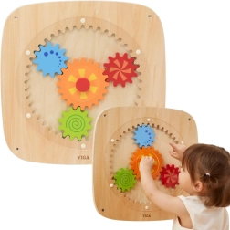 Viga tablero mural de madera con engranajes de colores