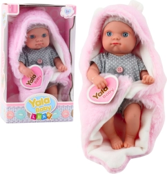 Muñeca de tela bebé con pijama gris y mantita rosa con orejitas de conejito 23 cm