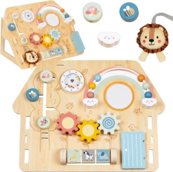 Tablero manipulativo de madera en forma de casita para niños