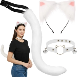 Disfraz de gato, zorro o lobo 3 en 1 RUHHY – set blanco con cola, orejas y choker